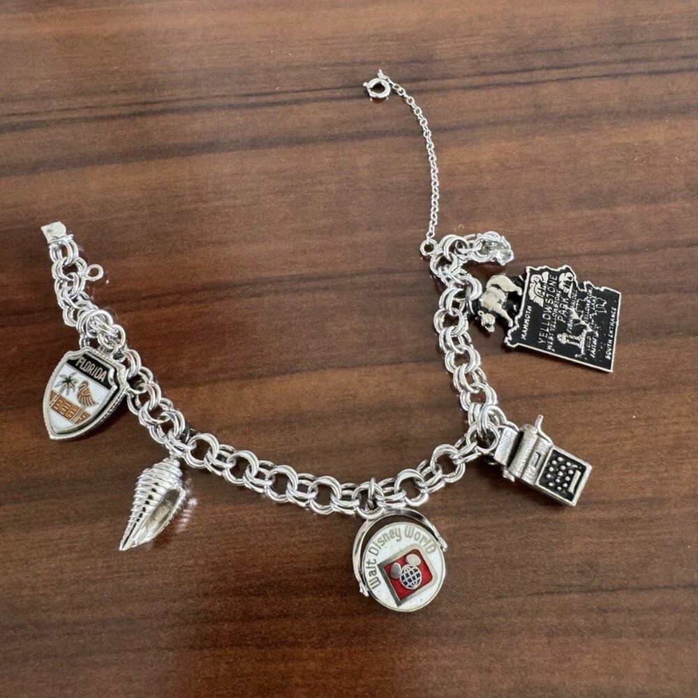 Vintage Sterling Silver Enamel Travel Florida Disney Yellowstone Charm Bracelet